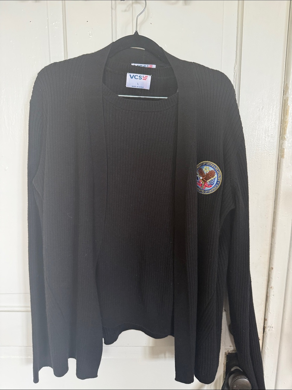 Men’s Black Ribbed Cardigan with Embroidered Crest